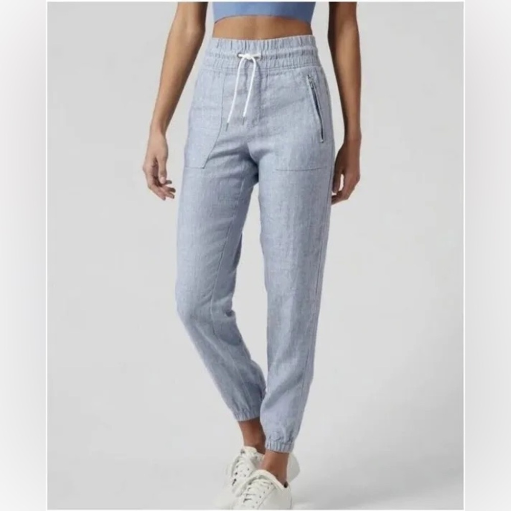 Athleta Cabo‎ Linen Jogger Pants in Chambray Blue Pull-On Lightweight Size 12